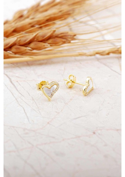 Sedef Taşlı Altın Kaplama Kalp Mini Gümüş Küpe 7274