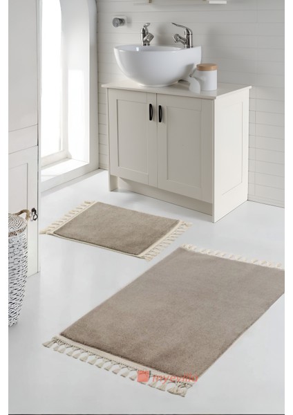 Simirna Ponpon Saçaklı Peluş Yıkanabilir Kaymaz Banyo Paspası 2'li Klozet Takımı Vizon