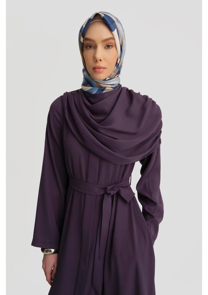 Şal Detaylı Ferace 25Y8304 Puslu Mor