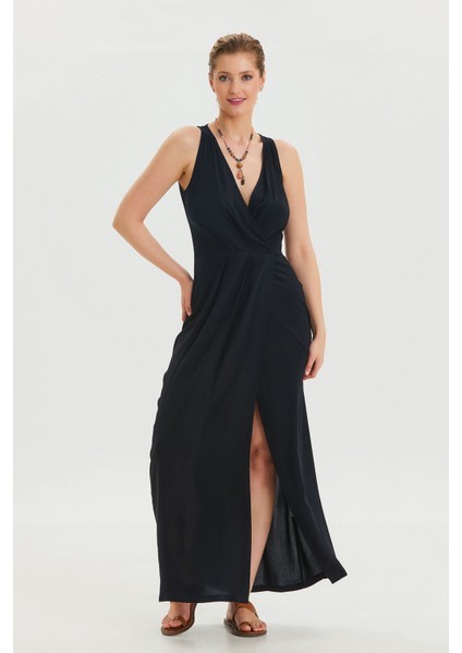 V Yaka Yırtmaç Detaylı Uzun Elbise