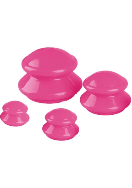 Vakumlu Silikon Masaj Kupası Seti - 4'lü Kupa Terapi Kuru Hacamat Seti Pembe
