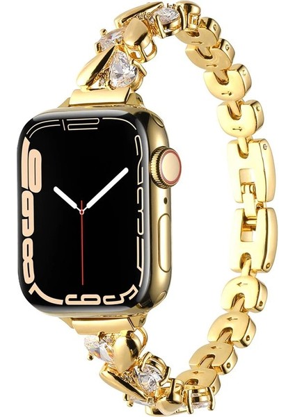 Madam Serisi 42 mm Gold Taşlı Kalp Figürlü Metal Apple Watch Kordon