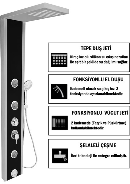 Çift Renk (Silver Gri-Siyah) Venüs Masajlı Duş Paneli - Dikey Jakuzi - Robot Duş - El Duşu - Lüx
