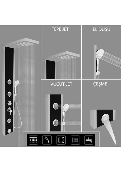 Çift Renk (Silver Gri-Siyah) Venüs Masajlı Duş Paneli - Dikey Jakuzi - Robot Duş - El Duşu - Lüx