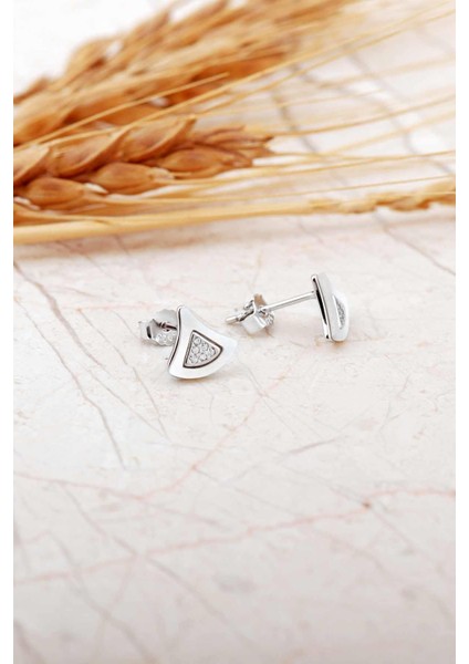 Sedef Taşlı Rodyumlu Tasarım Mini Gümüş Küpe 7276