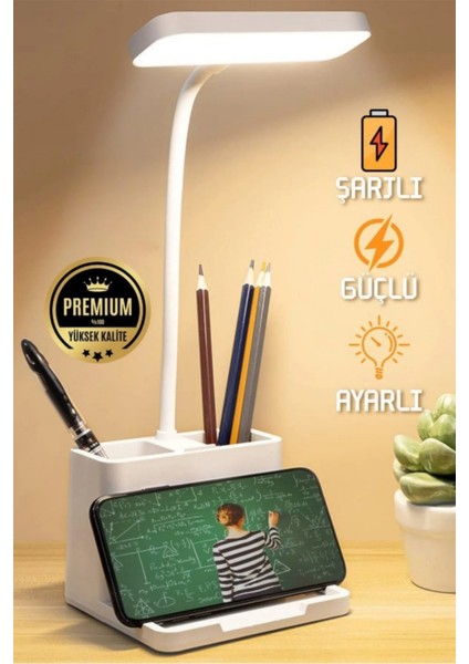 Şarjlı Masa Lambası - 3 Renk Dokunmatik, Telefon Stantlı, 460 Lümen, USB Şarjlı, Göz Yormayan Işık