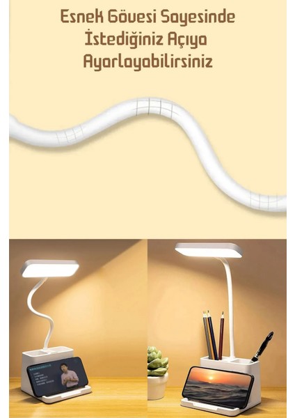 Şarjlı Masa Lambası - 3 Renk Dokunmatik, Telefon Stantlı, 460 Lümen, USB Şarjlı, Göz Yormayan Işık indirimleri