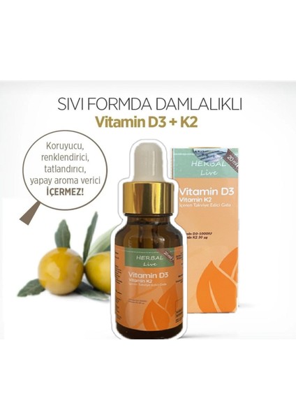 D3 + K2 İçeren Takviye Edici Vitamin 20 ml Damlalıklı Cam Şişe