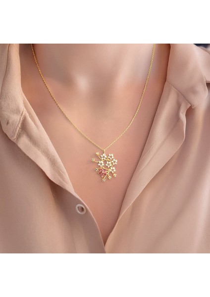 Kiraz Çiçeği Sakura Altın Kaplama Gümüş Kolye