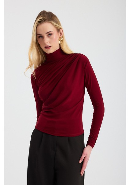 20059 Büzgü Detay Sandy Bluz Bordo modelleri