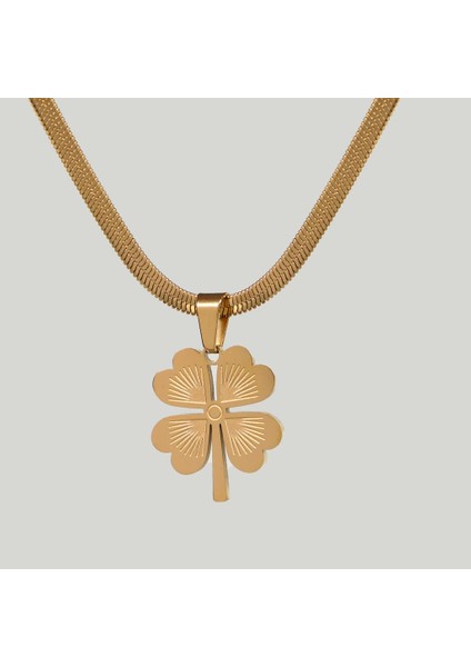 Çelik Kadın Kolye, Yonca Detaylı Zincir Model, Gold Renk, NO:175