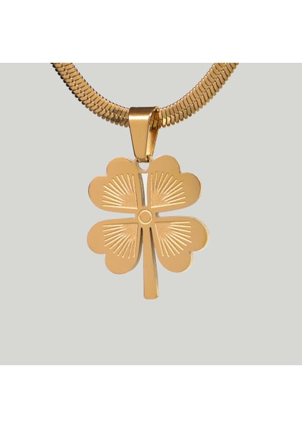 Çelik Kadın Kolye, Yonca Detaylı Zincir Model, Gold Renk, NO:175