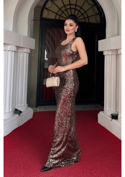 Pul Payet Sırt Degaje Yaka Abiye Elbise - Bronz fiyatları