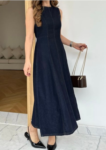 Kot Elbise,kot Uzun Kolsuz Denim Elbise
