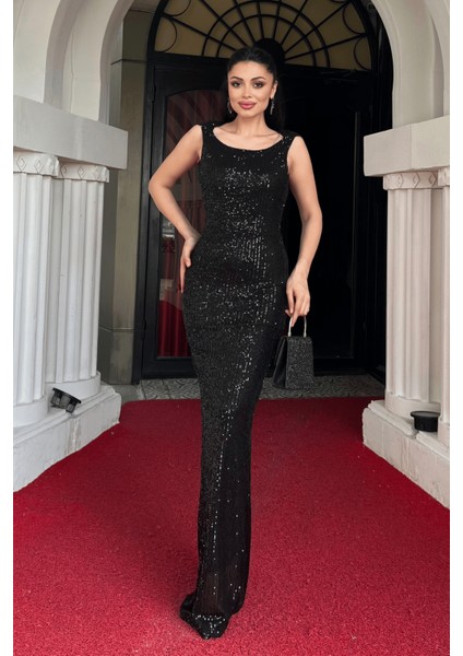 Pul Payet Sırt Degaje Yaka Abiye Elbise - Siyah