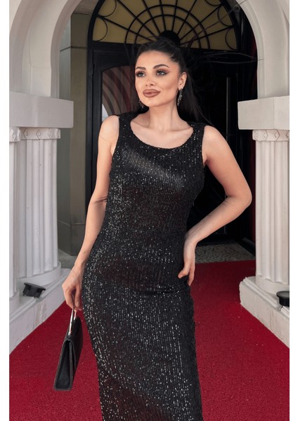 Pul Payet Sırt Degaje Yaka Abiye Elbise - Siyah modelleri