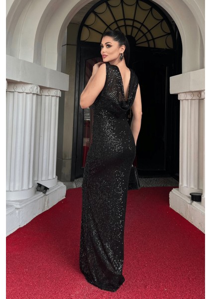 Pul Payet Sırt Degaje Yaka Abiye Elbise - Siyah indirimleri