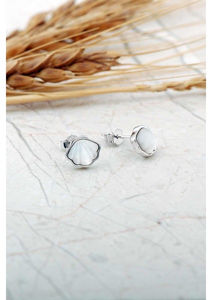 Sedef Taşlı Rodyumlu Deniz Kabuğu Mini Gümüş Küpe 7278