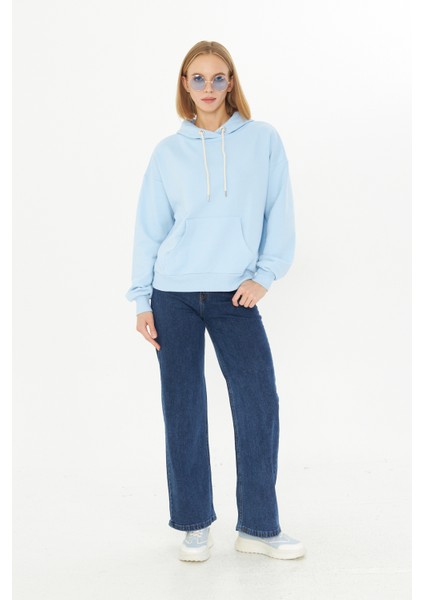 Kadın Bebe Mavisi Kanguru Cep Şardonlu Kapüşonlu Regular Fit Sweatshirt