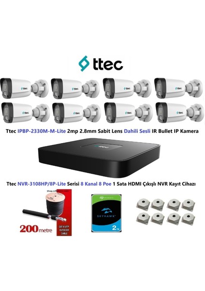 Nif Bilişim Ttec 2mp Mikrofonlu 8 Kameralı 2tb Disk Tak Çalıştır Hazır Ip Kamera Seti