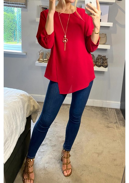 Kırmızı 3/4 Kol Oversize Asimetrik Bluz