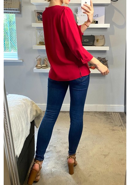 Kırmızı 3/4 Kol Oversize Asimetrik Bluz