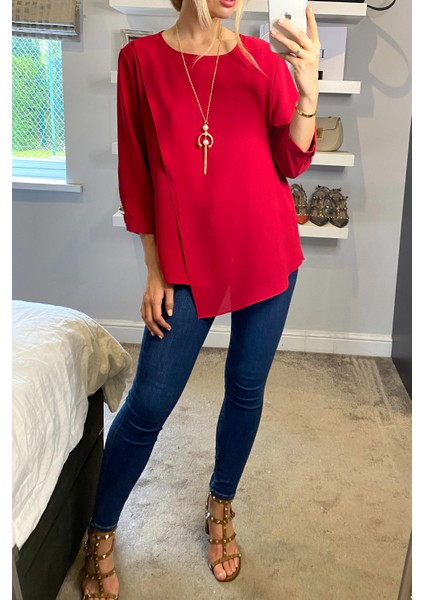 Kırmızı 3/4 Kol Oversize Asimetrik Bluz
