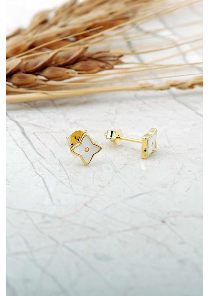 Sedef Taşlı Altın Kaplama Yonca Mini Gümüş Küpe 7279