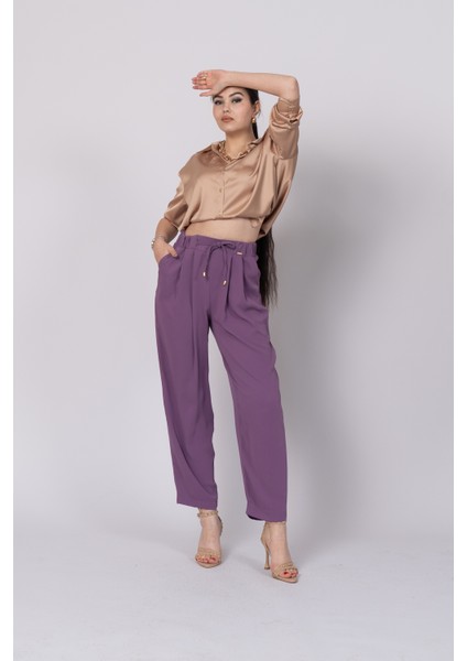 Ön Pile ve Bağcıklı Beli Lastikli Pantolon 30244