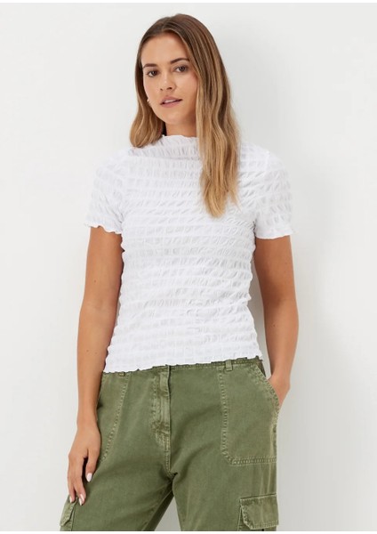 Kadın Bisiklet Yaka Kısa Kollu Dokulu Slim Fit Bürümcük Tişört/t-Shirt, Kadın T-Shirt