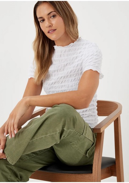 Kadın Bisiklet Yaka Kısa Kollu Dokulu Slim Fit Bürümcük Tişört/t-Shirt, Kadın T-Shirt modelleri