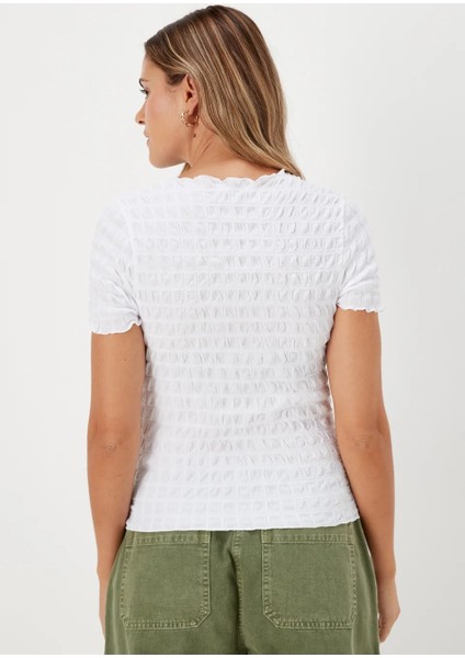 Kadın Bisiklet Yaka Kısa Kollu Dokulu Slim Fit Bürümcük Tişört/t-Shirt, Kadın T-Shirt fırsatları