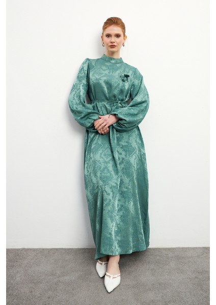 Gül Detaylı Jakar Elbise - Mint