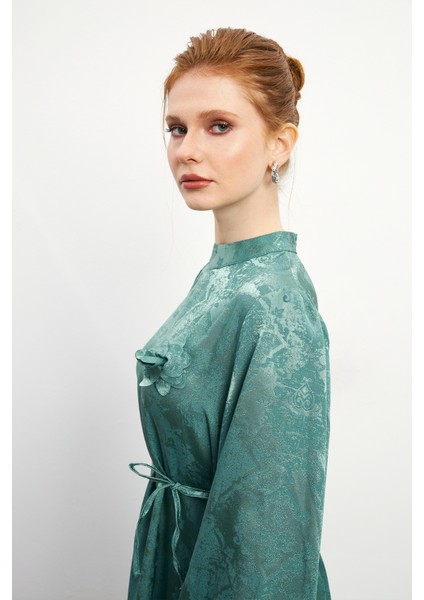 Gül Detaylı Jakar Elbise - Mint modelleri