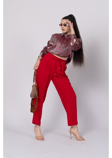 Ön Pile ve Bağcıklı Beli Lastikli Pantolon 30244