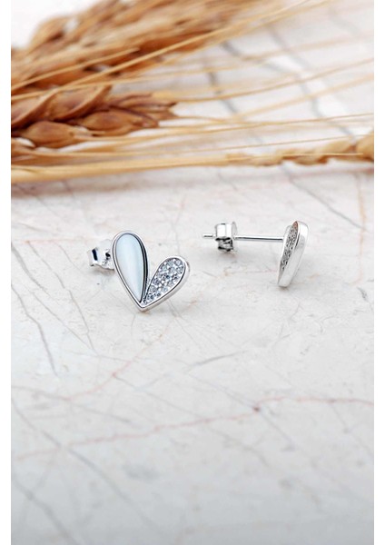 Sedef Taşlı Rodyumlu Kalp Mini Gümüş Küpe 7280