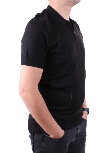 DMG23-511228 Siyah Günlük Fermuarlı Polo Yaka Erkek Tişört