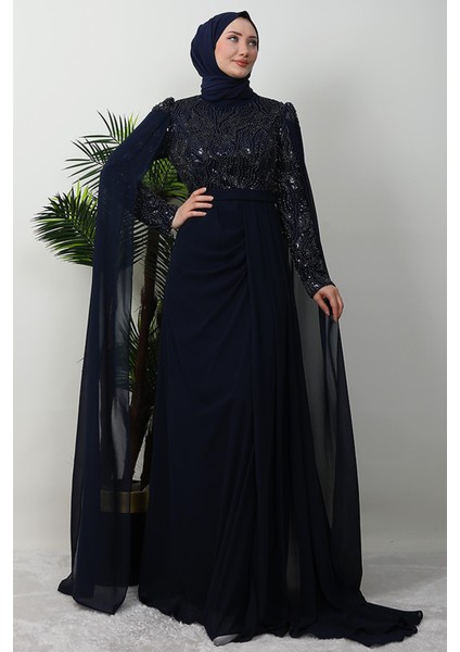 Münteha Tesettür Abiye Lacivert modelleri
