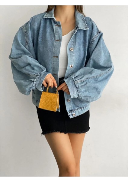 Kadın Balon Kol Oversize Çift Cepli Denim Kar Yıkamalı Denim Ceket Mavi