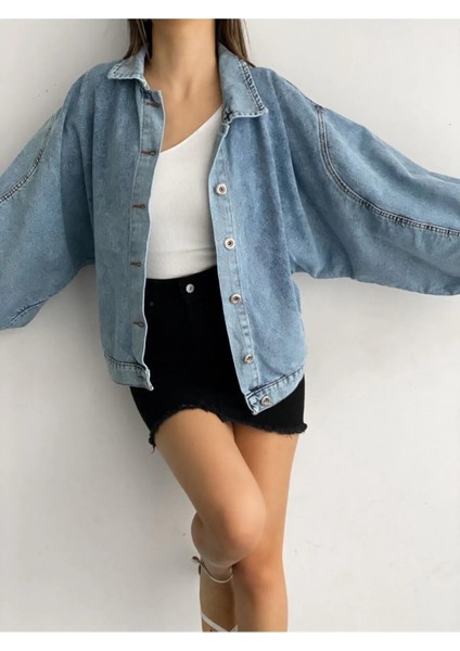 Kadın Balon Kol Oversize Çift Cepli Denim Kar Yıkamalı Denim Ceket Mavi fırsatları