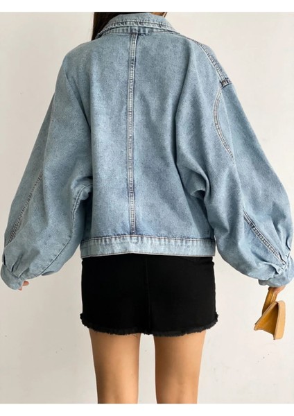 Kadın Balon Kol Oversize Çift Cepli Denim Kar Yıkamalı Denim Ceket Mavi indirimleri
