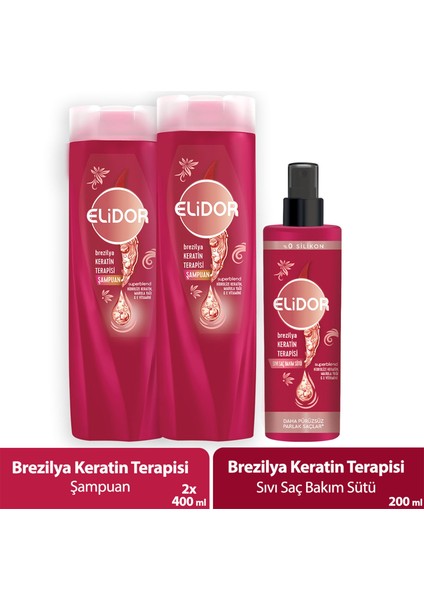 Şaç Bakım Şampuanı Brezilya Keratin Terapisi 400 ml x 2 - Sıvı Saç Bakım Sütü 200 ml x 1