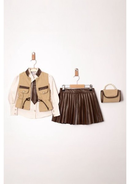 Inci Çantalı Deri Etekli Kravat Detaylı Kız Çocuk 4 lü takım - Kahve