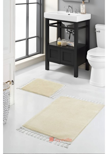 Simirna Ponpon Saçaklı Peluş Yıkanabilir Kaymaz Banyo Paspası 2'li Klozet Takımı Bej