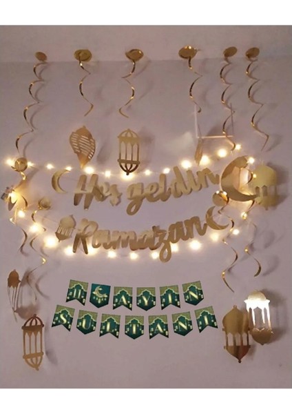 10'lu Tavan Süs ve Hoşgeldin Ramazan Bannner ve LED Işık Ramazan Süsü Ev Süsleme