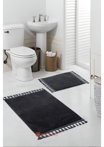 Simirna Ponpon Saçaklı Peluş Yıkanabilir Kaymaz Banyo Paspası 2'li Klozet Takımı Antrasit