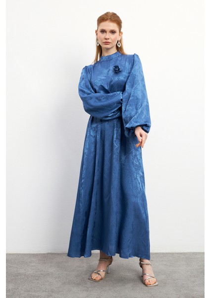 Gül Detaylı Jakar Elbise - Indigo