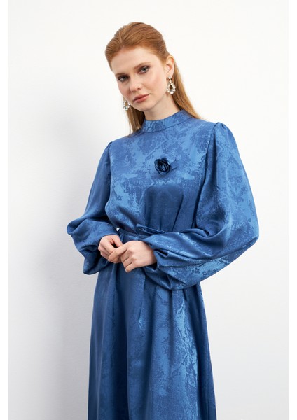 Gül Detaylı Jakar Elbise - Indigo fiyatları