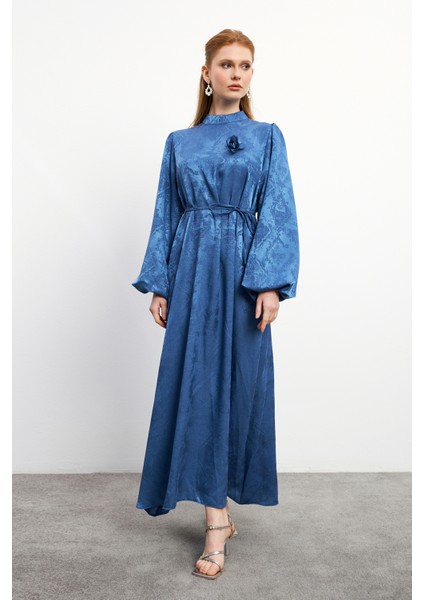 Gül Detaylı Jakar Elbise - Indigo modelleri