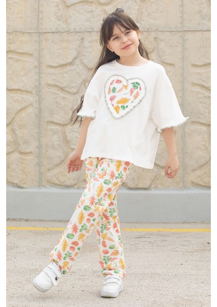 Ekru Yaprak Desenli Pantolonlu Oversize Tişörtlü Kız Takım 20228